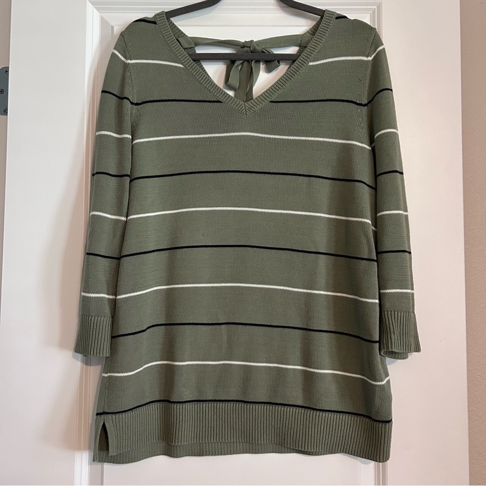 Talbots Women’s Sage Striped V Neck Cotton Sweater with Tie Detail Size M $79